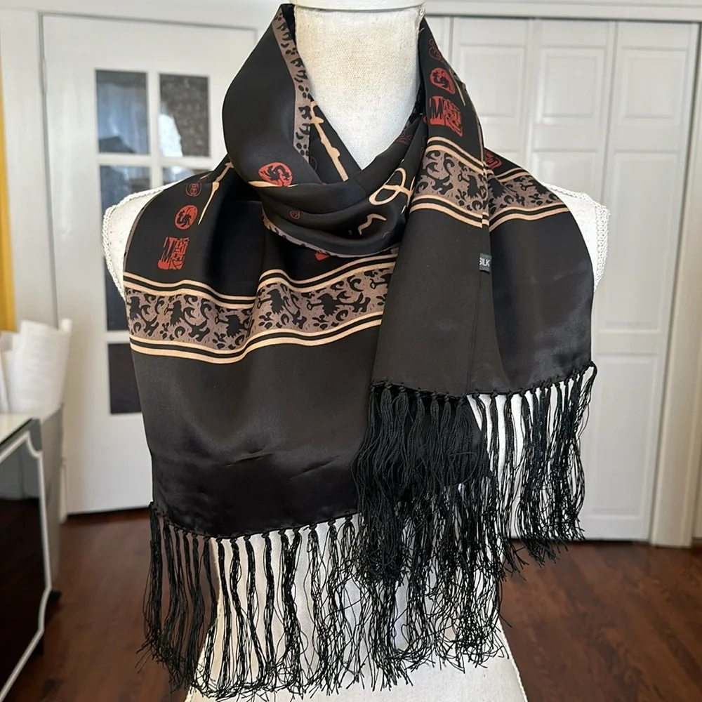 Black 100% Silk Scarf with Fringe Gold Asian Motif Print